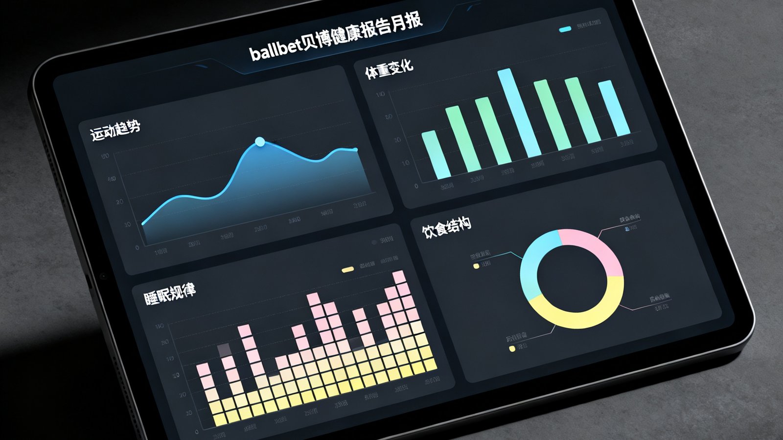 一台平板电脑屏幕上展示ballbet贝博健康报告月报界面，包含运动趋势曲线图、体重变化柱状图、睡眠规律热力图和饮食结构环形图四大数据可视化模块，整体采用深色主题UI设计